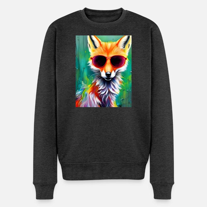 Neonfuchs mit roter Sonnenbrille - Männer Premium Bio Pullover - Anthrazit meliert