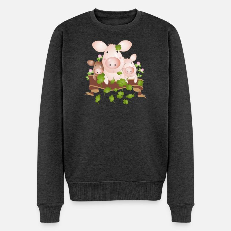drei Glücksschweine mit vierblättrigen Kleeblätter - Männer Premium Bio Pullover - Anthrazit meliert