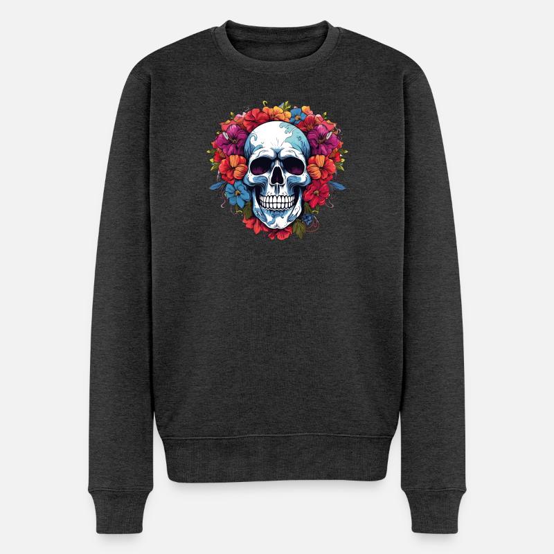 Blumenkranz Totenkopf Portrait - Männer Premium Bio Pullover - Anthrazit meliert