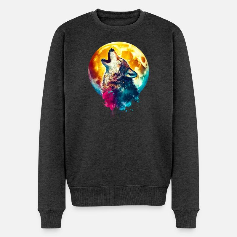 Wolf heult den Mond an - Männer Premium Bio Pullover - Anthrazit meliert