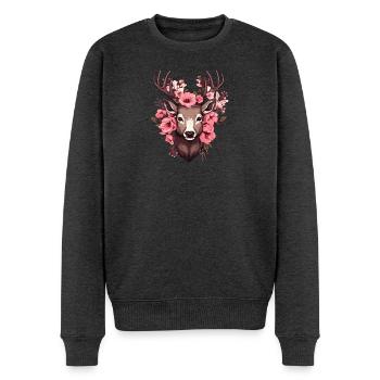 Reh Hirsch mit Blumen Trachten Rehkopf Hirschkopf - Männer Premium Bio Pullover - Anthrazit meliert - Vorne - Thijin (182cm)