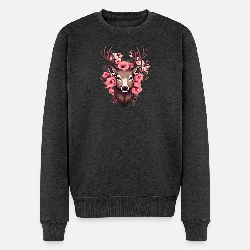 Reh Hirsch mit Blumen Trachten Rehkopf Hirschkopf - Männer Premium Bio Pullover - Anthrazit meliert