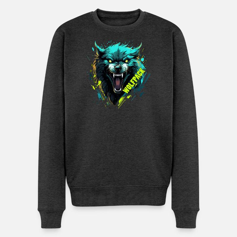 Neonwolf-Wolfsmaske - Männer Premium Bio Pullover - Anthrazit meliert