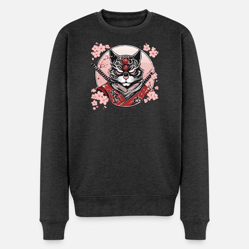 Démoniaque Kawaii Neko Samurai : chat samouraï - Pull Premium bio Homme - anthracite chiné