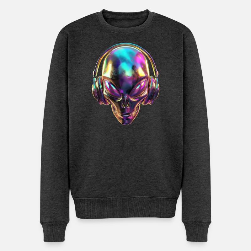 Chromatischer Alien-Kopf mit Kopfhörern - Männer Premium Bio Pullover - Anthrazit meliert