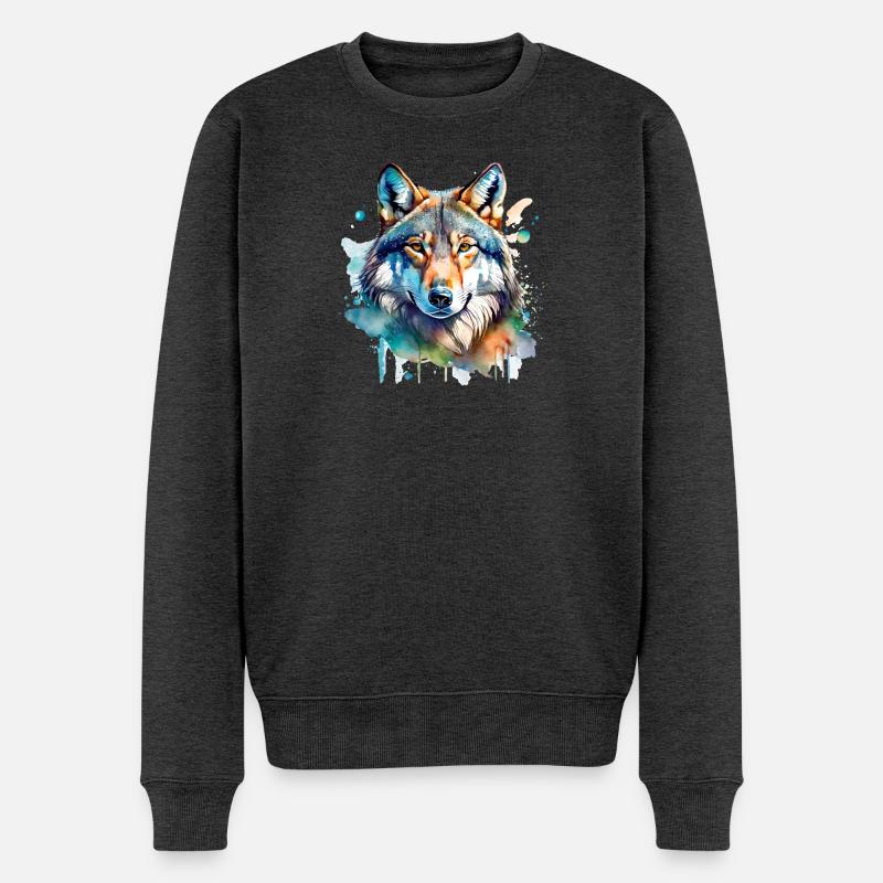 Aquarell Wolf Portrait - Männer Premium Bio Pullover - Anthrazit meliert