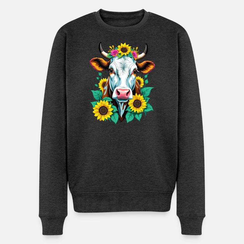 Kuh mit Sonnenblumen - Männer Premium Bio Pullover - Anthrazit meliert