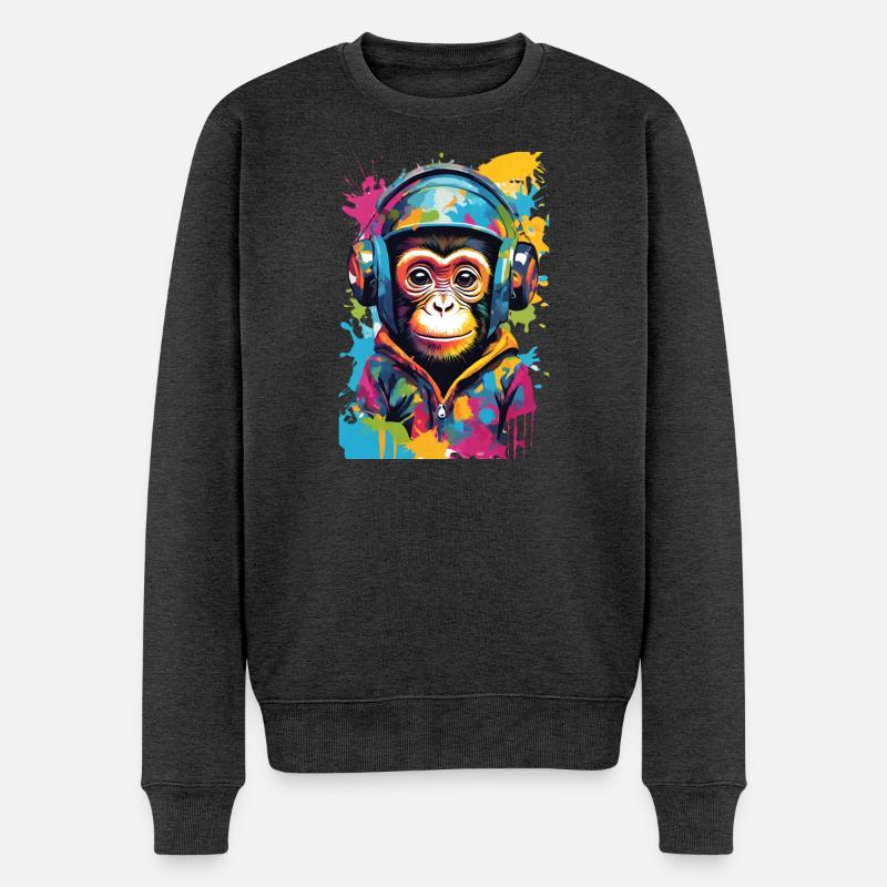 Bunter Affe mit Kopfhörern - Männer Premium Bio Pullover - Anthrazit meliert