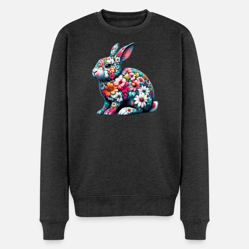 Hase mit Blumen geschmückt - Männer Premium Bio Pullover - Anthrazit meliert