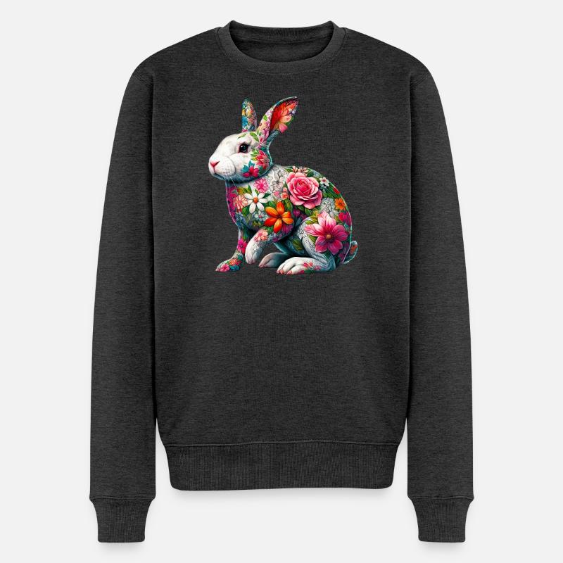 Hase mit Blumen geschmückt - Männer Premium Bio Pullover - Anthrazit meliert