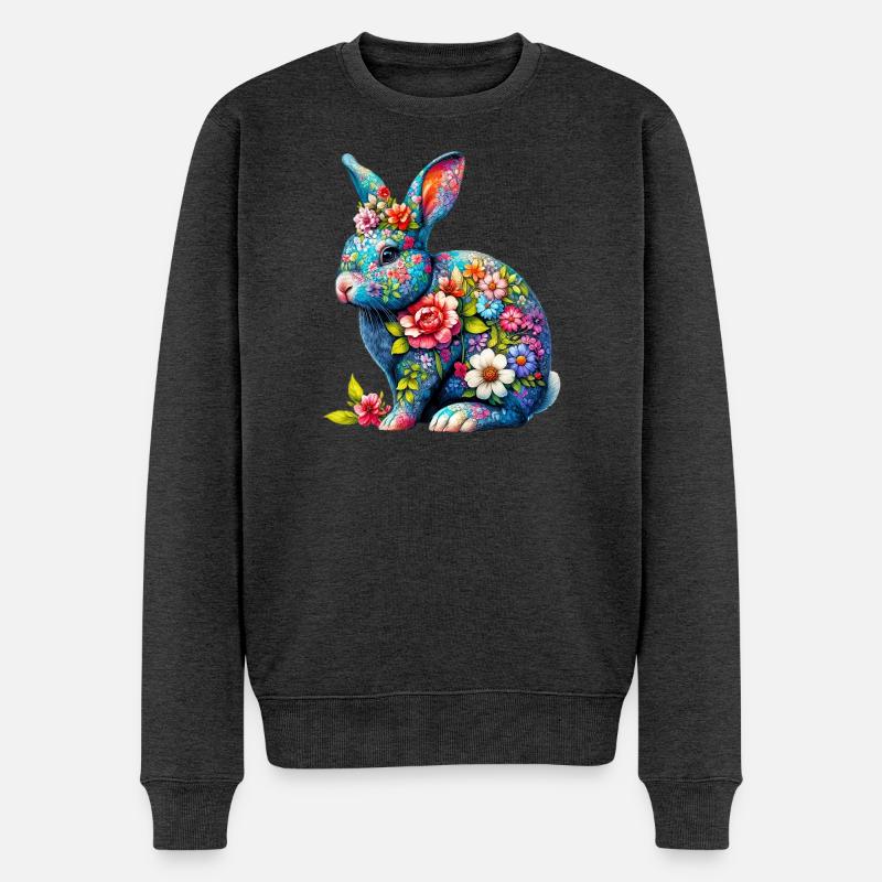 Hase mit Blumen geschmückt - Männer Premium Bio Pullover - Anthrazit meliert