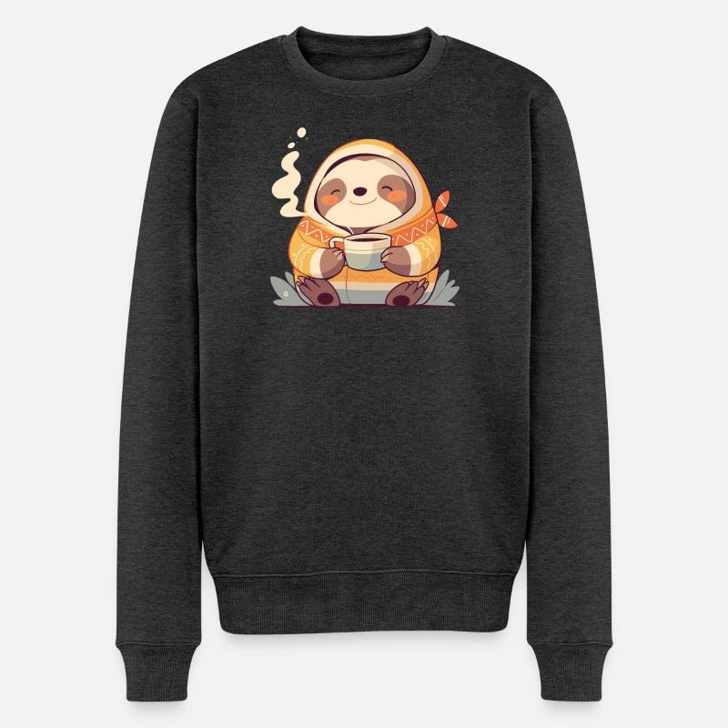 Faultier-Illustration mit seiner Tasse Kaffee - Männer Premium Bio Pullover - Anthrazit meliert