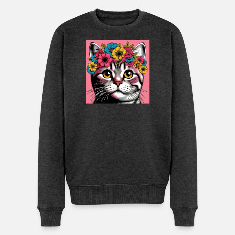 Katze mit Blumen - Männer Premium Bio Pullover - Anthrazit meliert