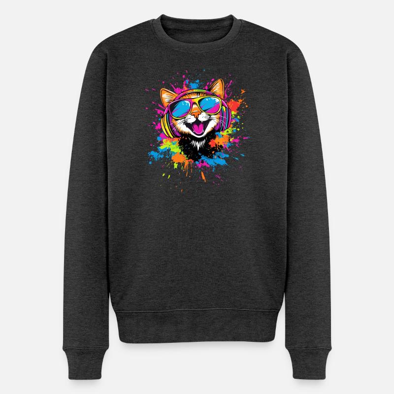 Katze Sonnenbrille Kopfhörer Musik Bunt DJ Katzen - Männer Premium Bio Pullover - Anthrazit meliert