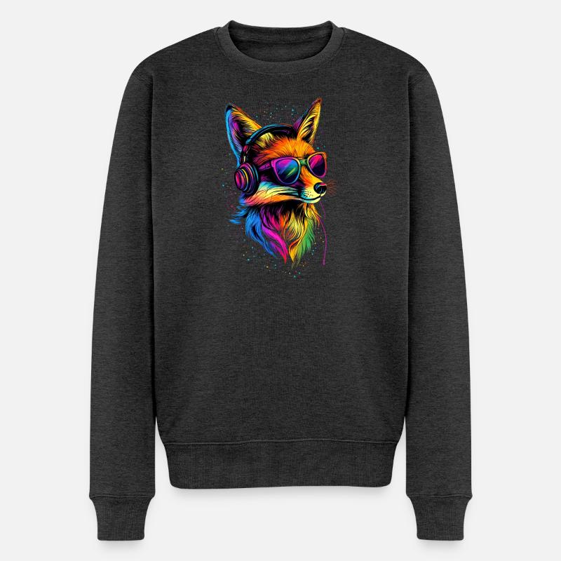 Fuchs DJ Kopfhörer Bunt Regenbogen Musik Füchse - Männer Premium Bio Pullover - Anthrazit meliert