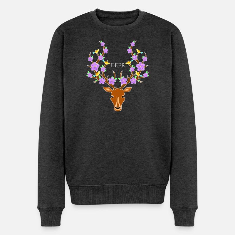 Blumenreicher Hirsch mit Vogelakzenten - Männer Premium Bio Pullover - Anthrazit meliert