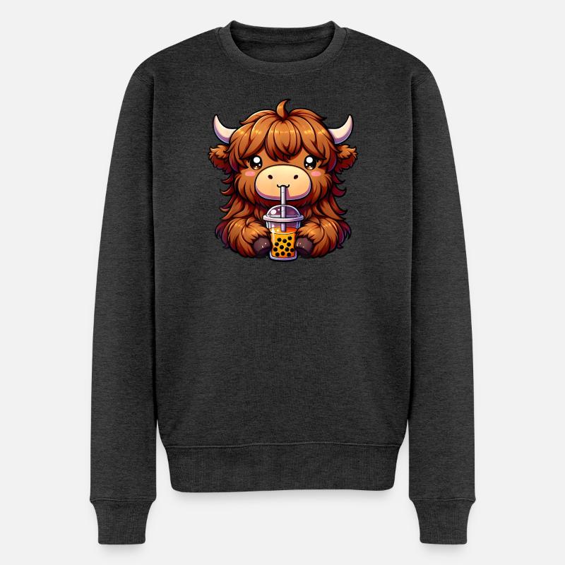 Entzückende Hochlandkuh mit Bubble Tea - Männer Premium Bio Pullover - Anthrazit meliert