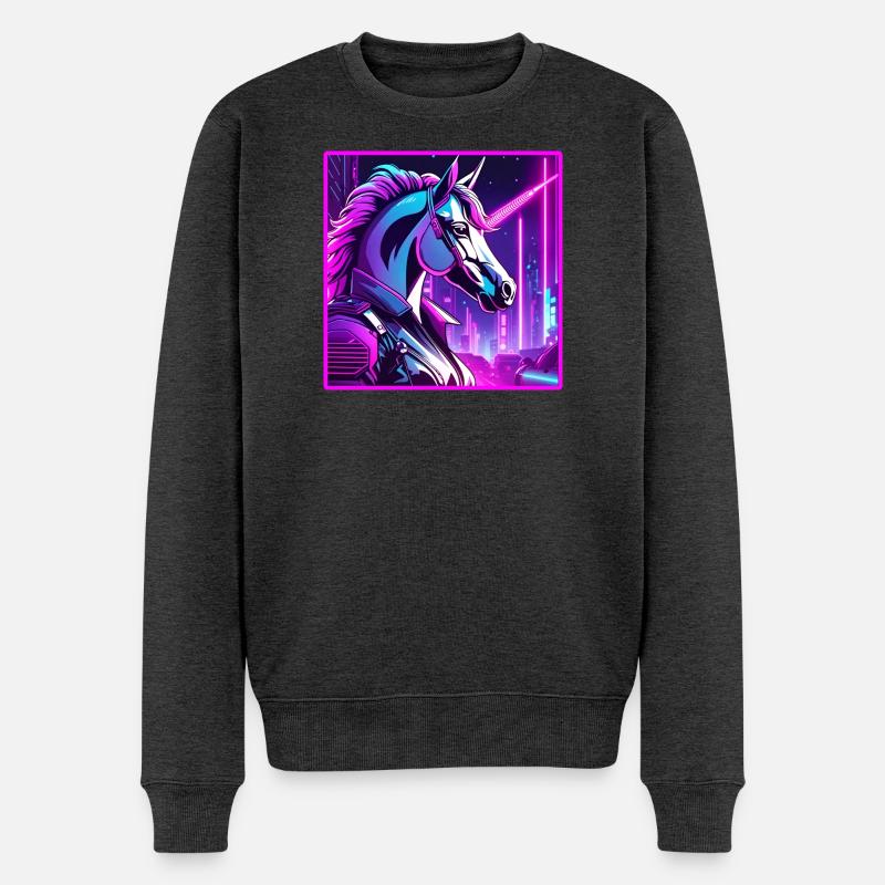 Neon Cyber Unicorn Illustration - Männer Premium Bio Pullover - Anthrazit meliert