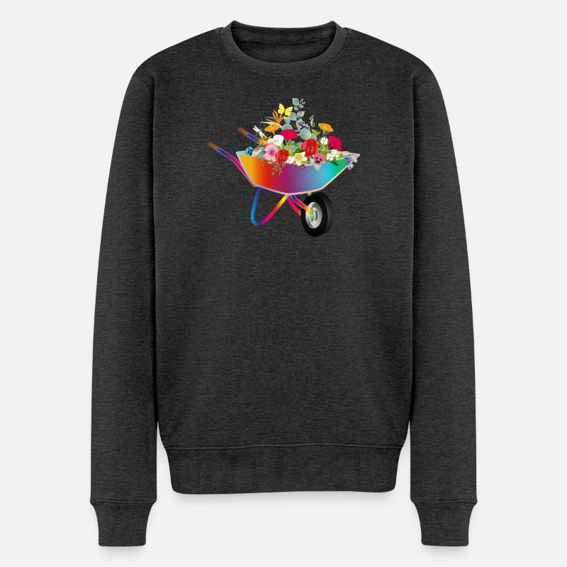 Bunte Schubkarre mit Blumenpracht - Männer Premium Bio Pullover - Anthrazit meliert