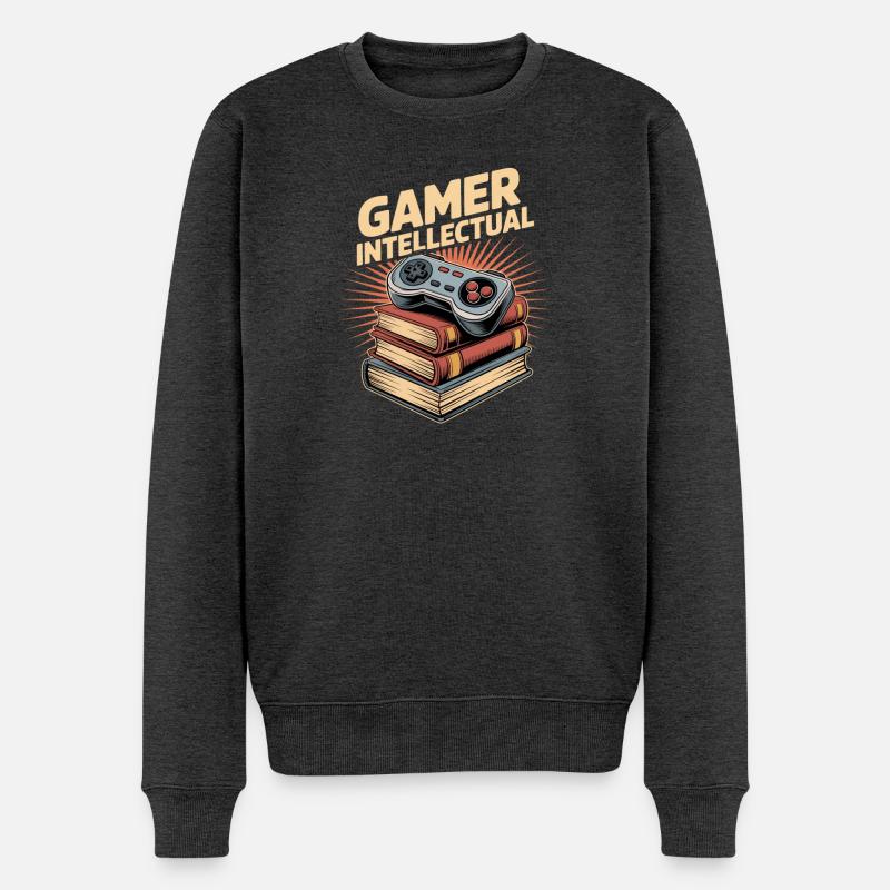 Gamer Intellectual Controller Bücherstapel - Männer Premium Bio Pullover - Anthrazit meliert