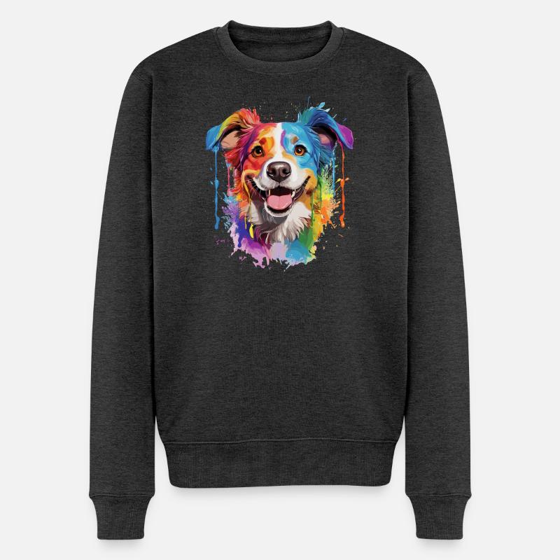 Regenbogen Hund Porträt - Männer Premium Bio Pullover - Anthrazit meliert
