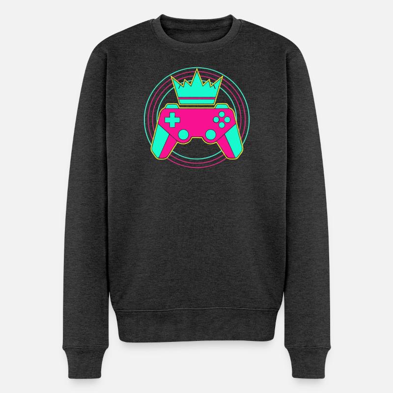 Controller Krone Neon Minimal Zocker Art - Männer Premium Bio Pullover - Anthrazit meliert