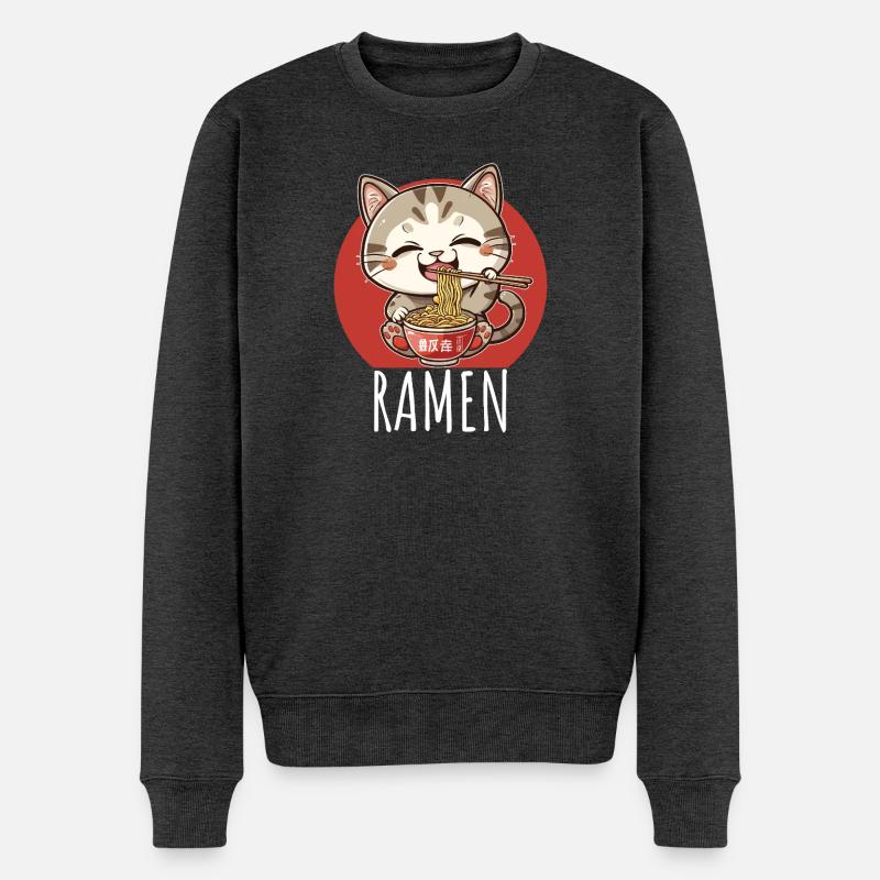 Chat Kawaii Rétro Mange Ramen - Pull Premium bio Homme - anthracite chiné