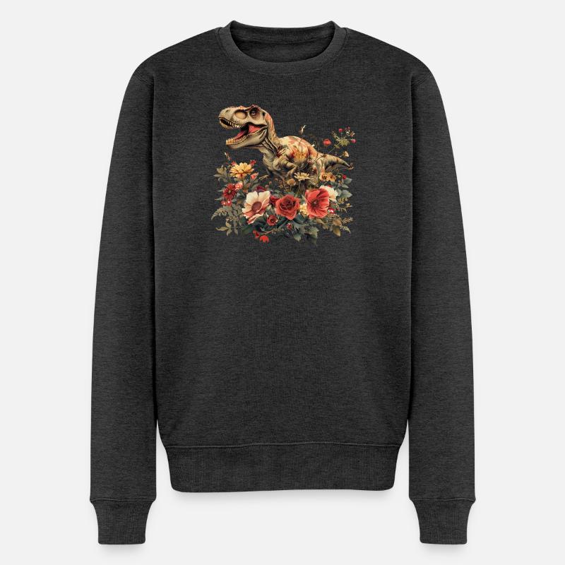 T-Rex Dino mit Blumen - Männer Premium Bio Pullover - Anthrazit meliert