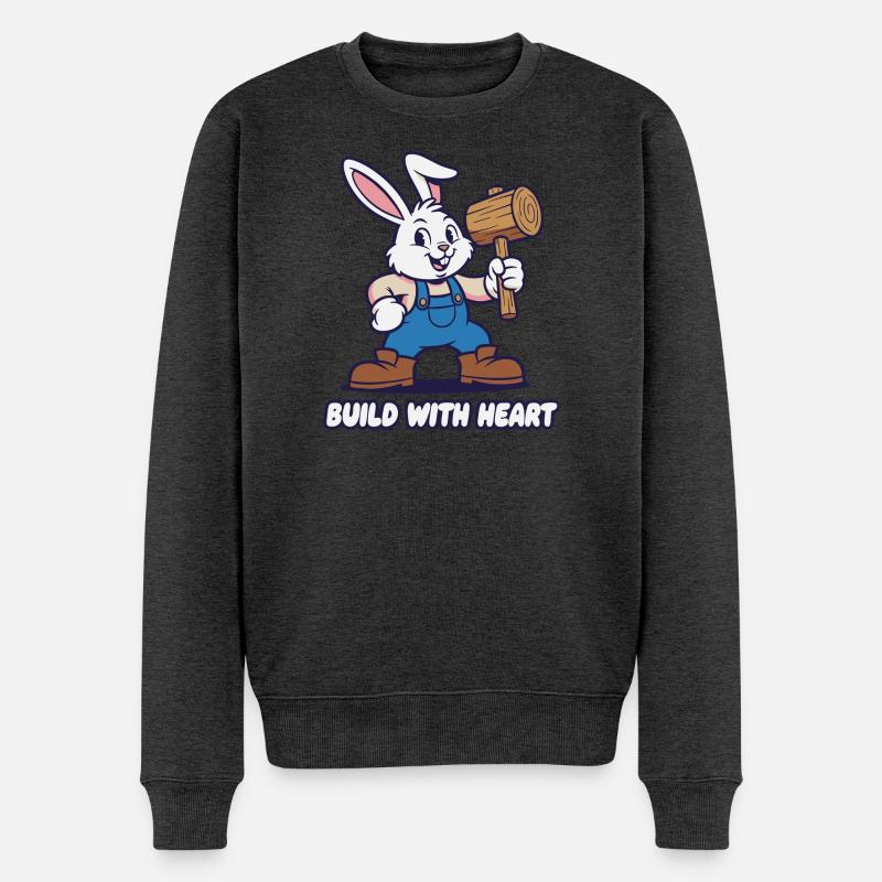 Hase mit Hammer – Herz Baumotiv - Männer Premium Bio Pullover - Anthrazit meliert