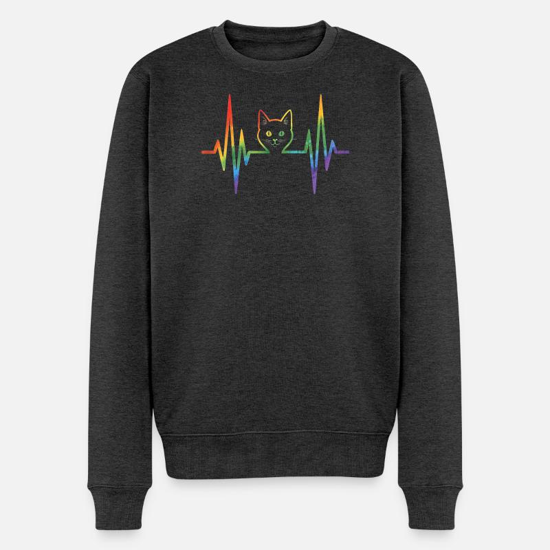 Regenbogenkatze mit Pulsherzlinie - Männer Premium Bio Pullover - Anthrazit meliert