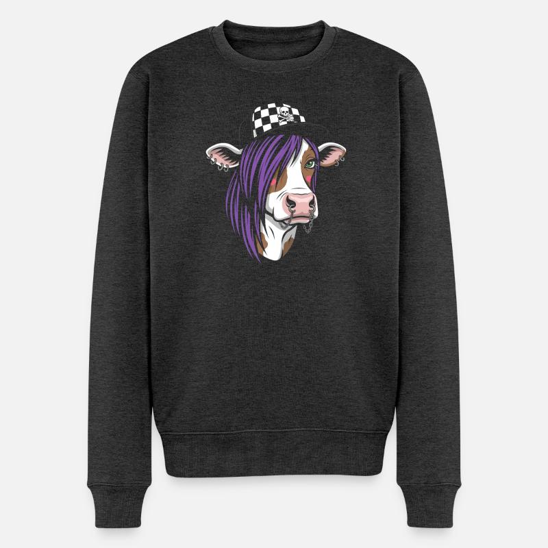 Punk-Kuh mit Lila Haar und Checkered Cap - Männer Premium Bio Pullover - Anthrazit meliert