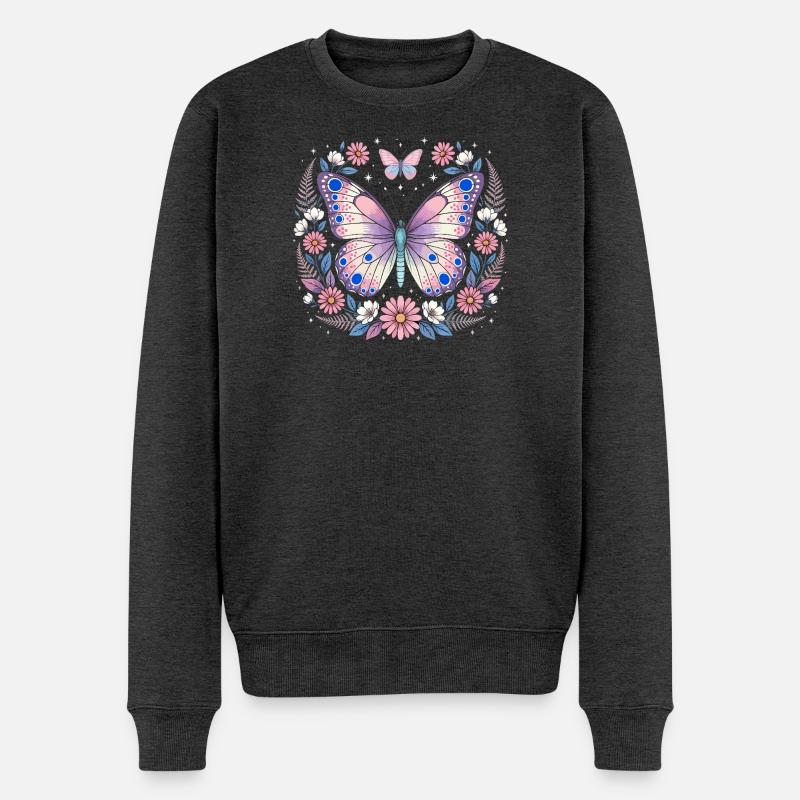 Pastellschmetterling im Blütenkranz - Männer Premium Bio Pullover - Anthrazit meliert