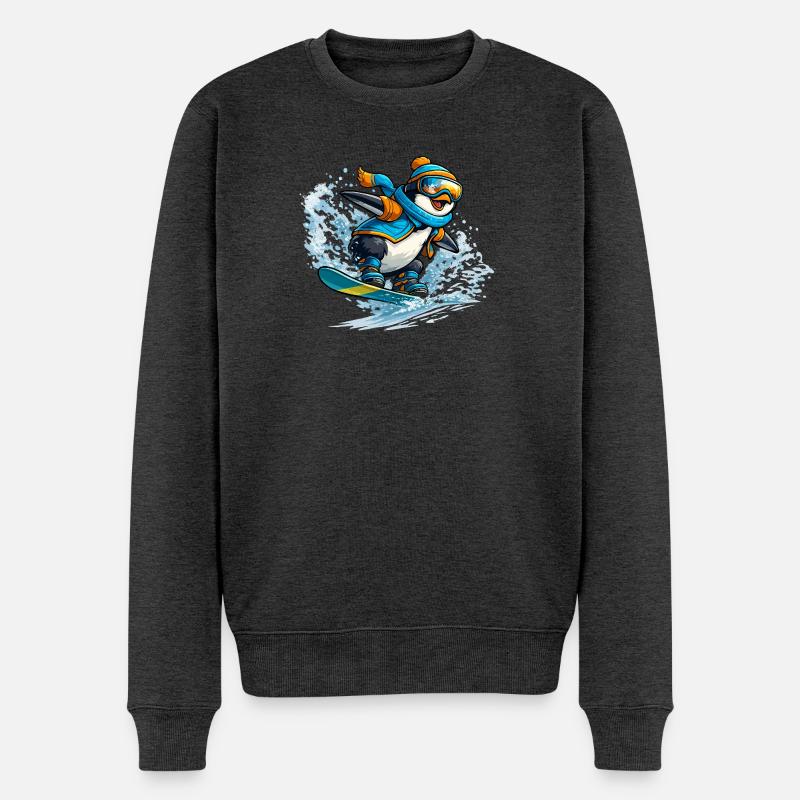 Pinguin Snowboard Blauorange - Männer Premium Bio Pullover - Anthrazit meliert