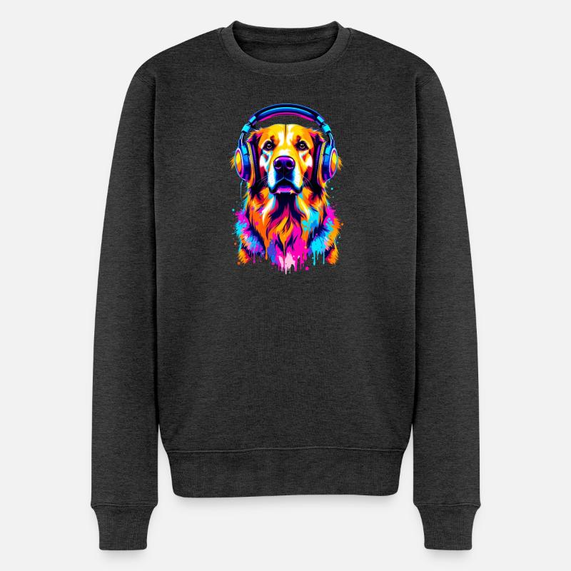 Golden Retriever mit Kopfhörer - Männer Premium Bio Pullover - Anthrazit meliert