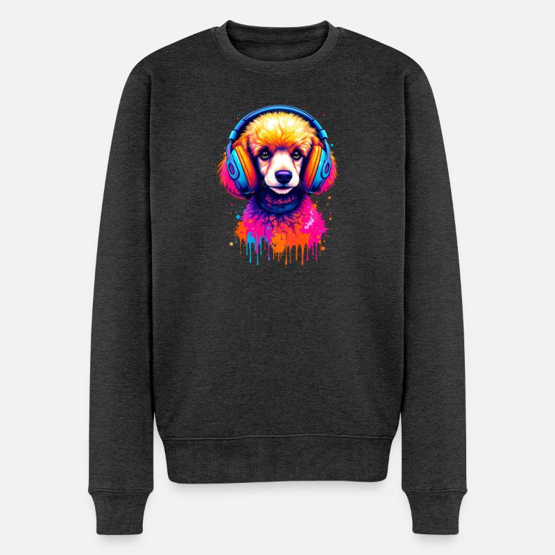 Pudel mit Kopfhörern - Männer Premium Bio Pullover - Anthrazit meliert