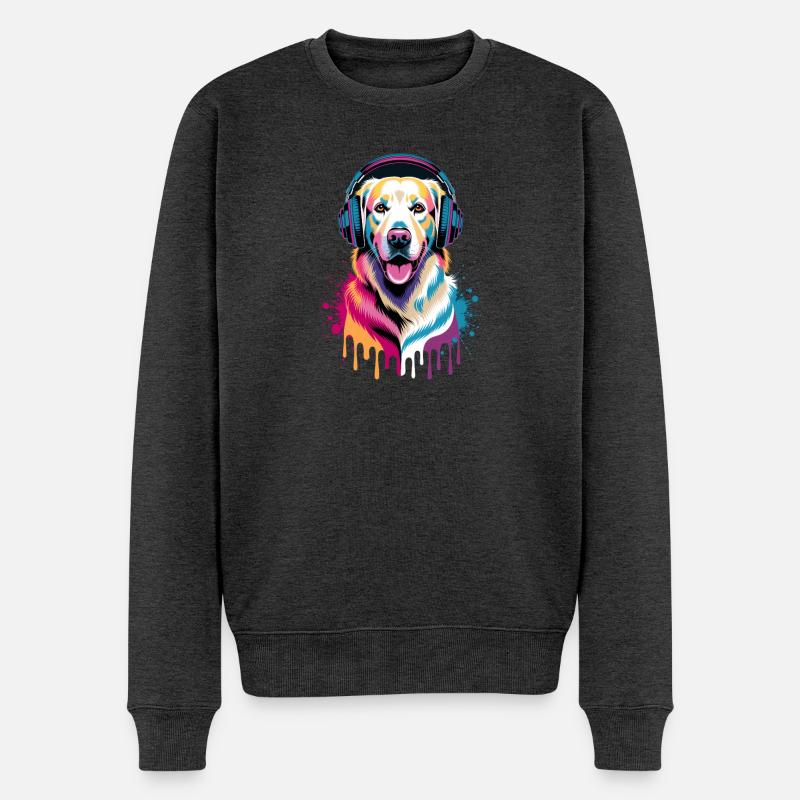 Golden Retriever mit Kopfhörer - Männer Premium Bio Pullover - Anthrazit meliert