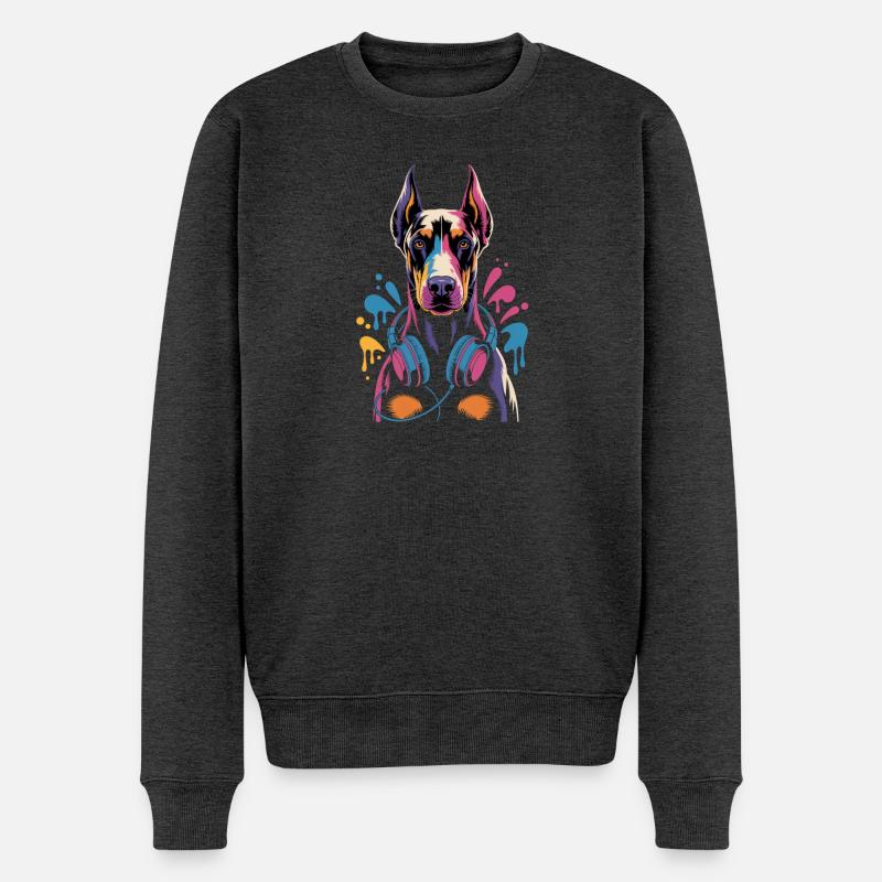 Dobermann mit Kopfhörern - Männer Premium Bio Pullover - Anthrazit meliert