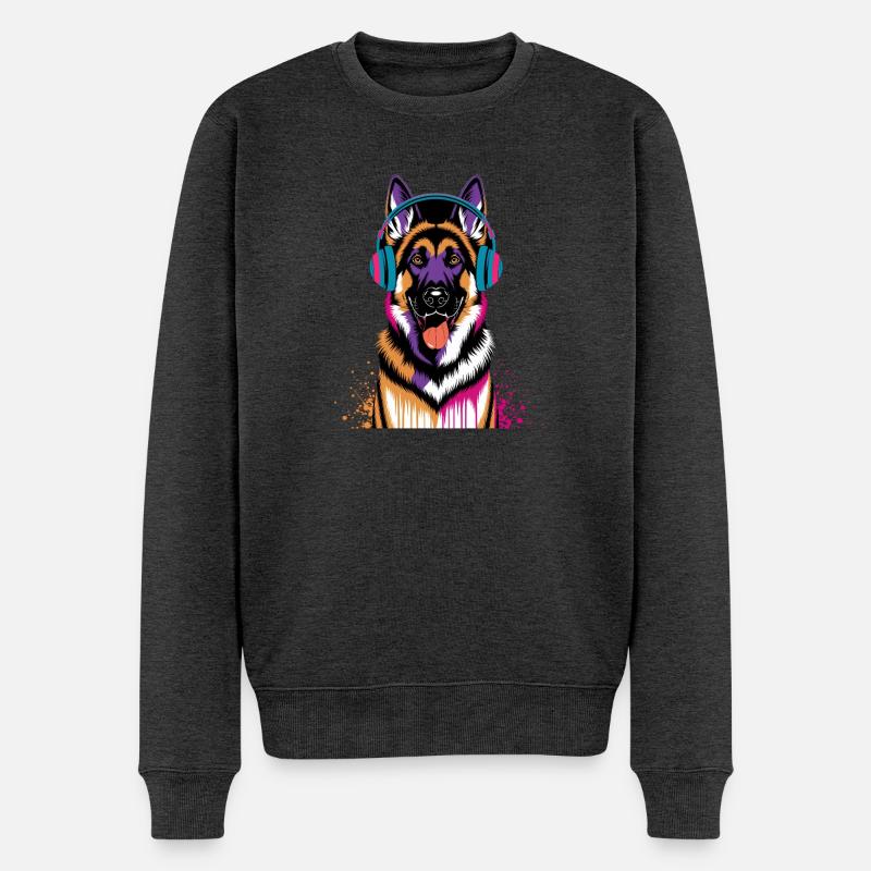 Deutscher Schäferhund mit Kopfhörer - Männer Premium Bio Pullover - Anthrazit meliert