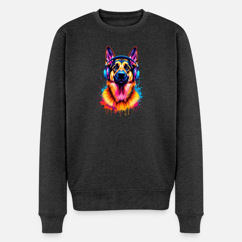 Deutscher Schäferhund mit Kopfhörern - Männer Premium Bio Pullover - Anthrazit meliert