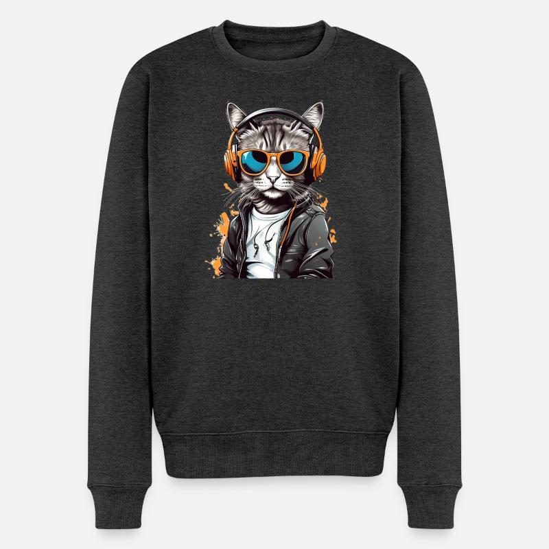 Katzen-DJ mit Kopfhörern - Männer Premium Bio Pullover - Anthrazit meliert