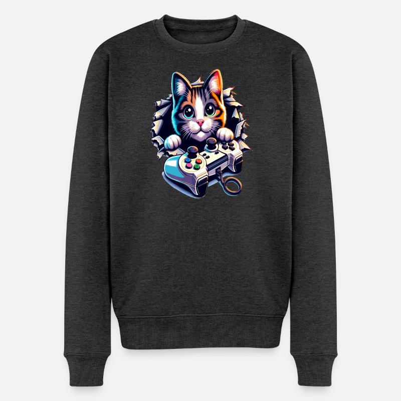 Katzen-Gamer mit Controller - Männer Premium Bio Pullover - Anthrazit meliert