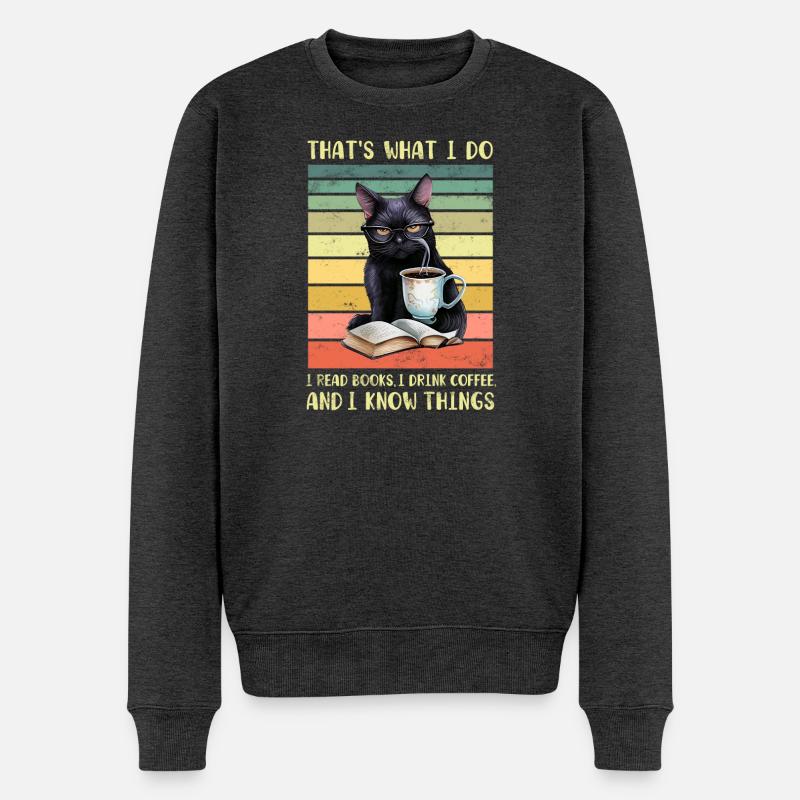 Schwarze Katze mit Kaffee und Buch - Männer Premium Bio Pullover - Anthrazit meliert