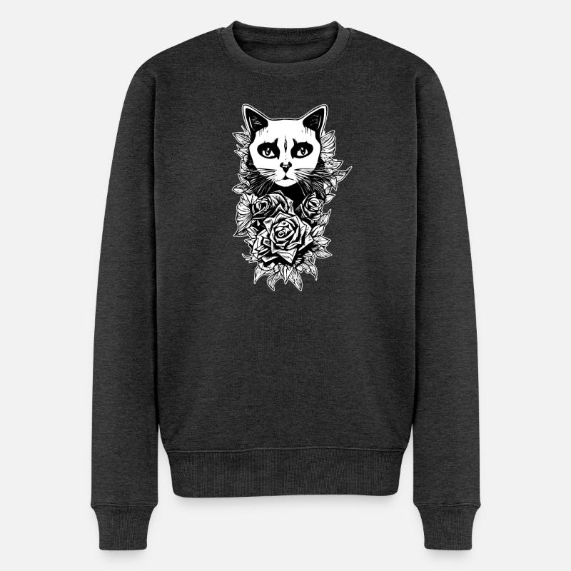 Dessin Gothique | Fleurs Et Chat - Pull Premium bio Homme - anthracite chiné