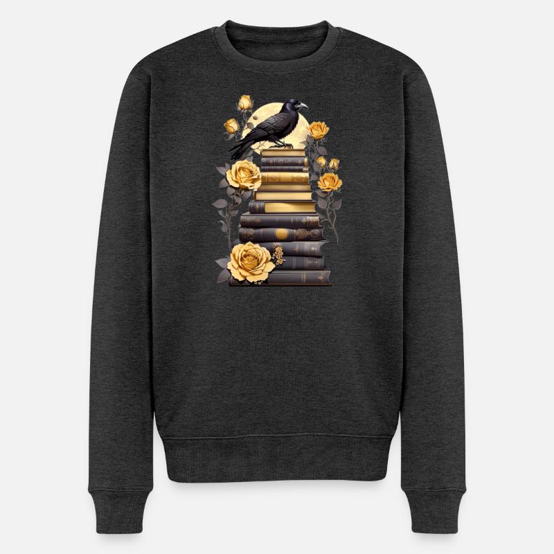 Bücherstapel mit Rabe - Männer Premium Bio Pullover - Anthrazit meliert