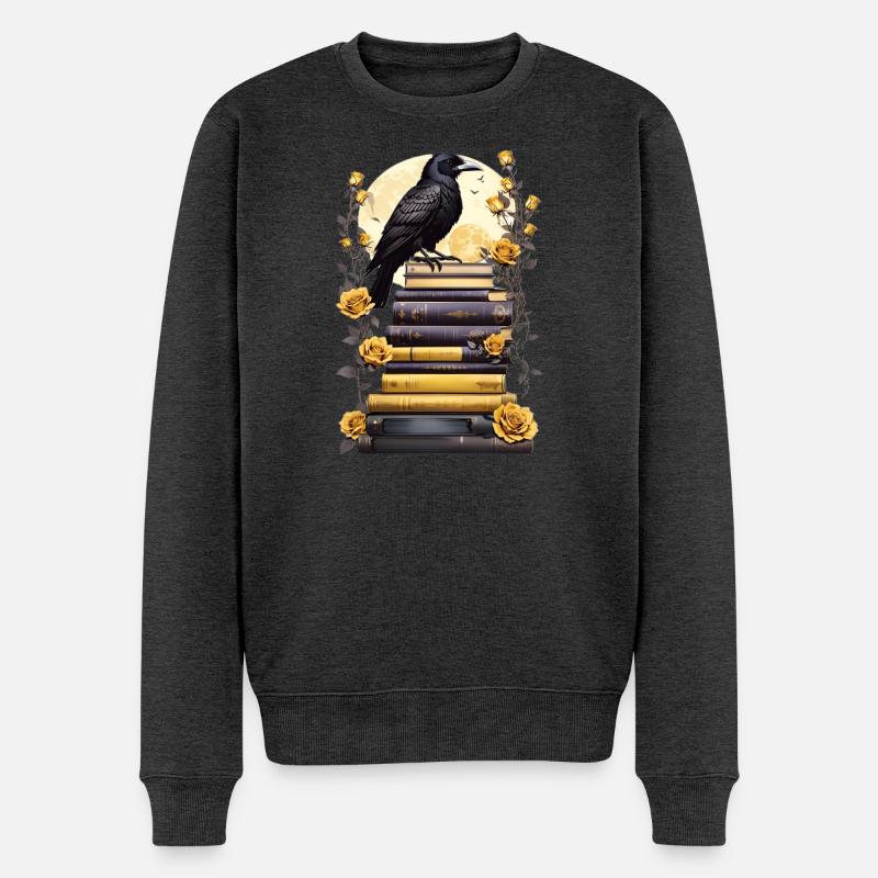 Bücherstapel mit Rabe - Männer Premium Bio Pullover - Anthrazit meliert