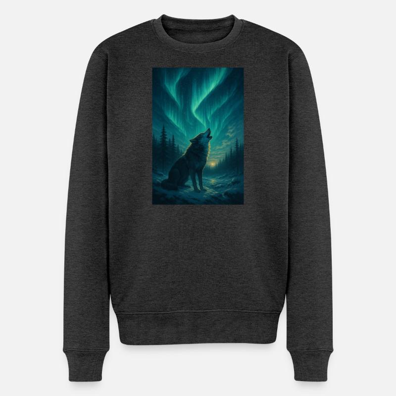 Wolf unter Polarlichtern - Männer Premium Bio Pullover - Anthrazit meliert