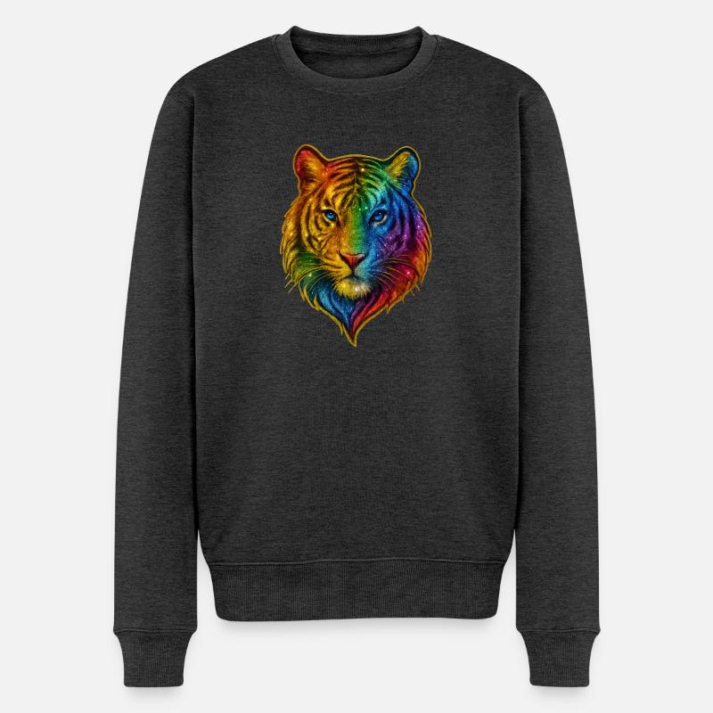 Regenbogen Tiger Kopf - Männer Premium Bio Pullover - Anthrazit meliert