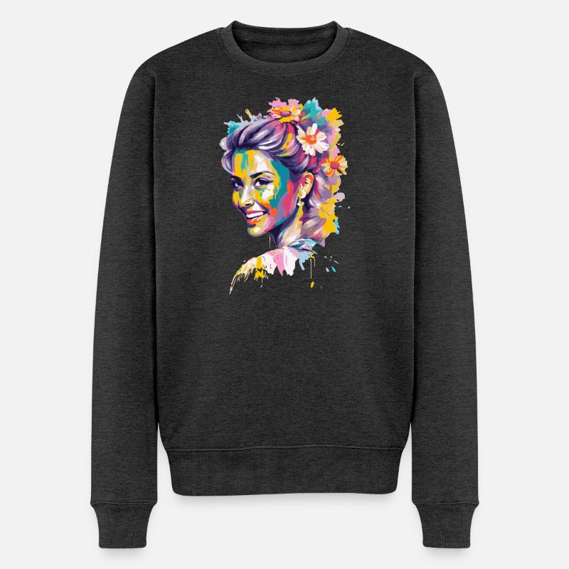 Buntes Blumiges Popporträt - Männer Premium Bio Pullover - Anthrazit meliert