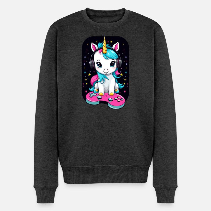 Süße Gamer Einhorn - Männer Premium Bio Pullover - Anthrazit meliert