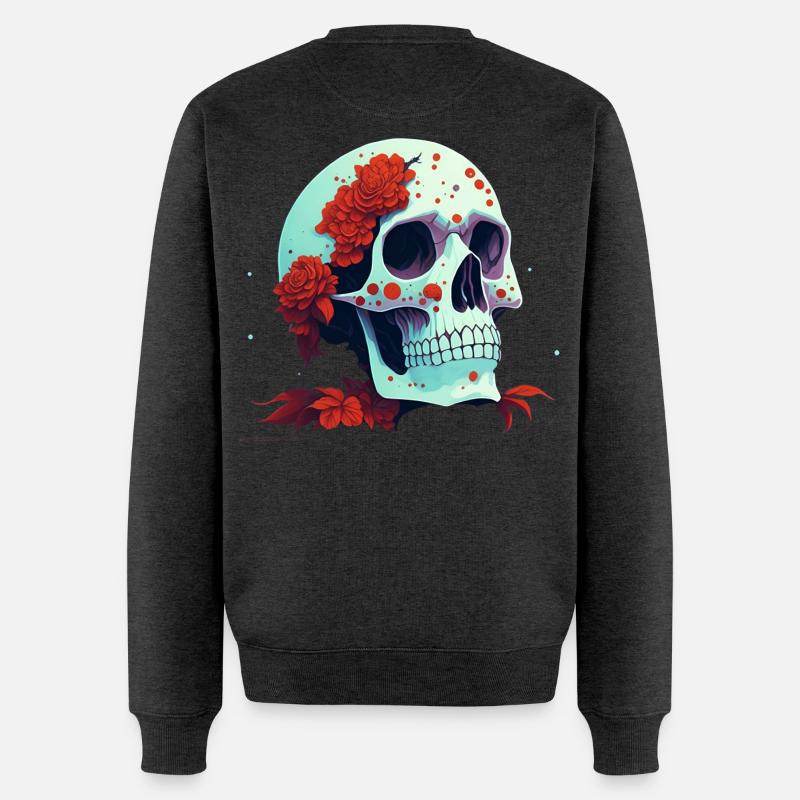 Schädel mit roten Blumen - Männer Premium Bio Pullover - Anthrazit meliert